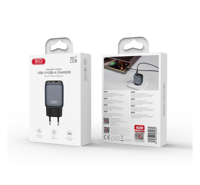 XO Мережевий зарядний пристрій XO L154 (1USB-С, 1USB, 3А) PD, QC 3.0 Black (L154.black)