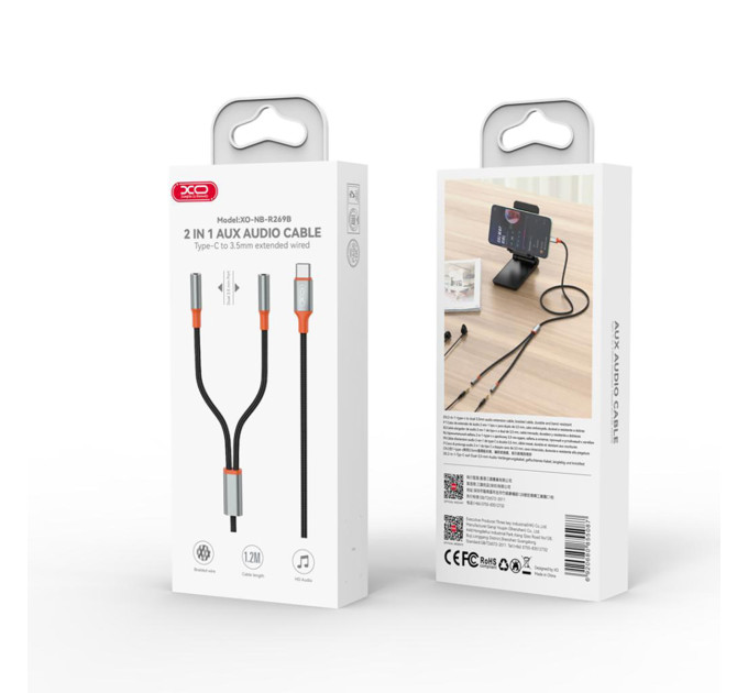 XO Кабель XO AUX 2х3.5 мм - USB Type-C (F/M), 1 м, Black (NB-R269B.black)