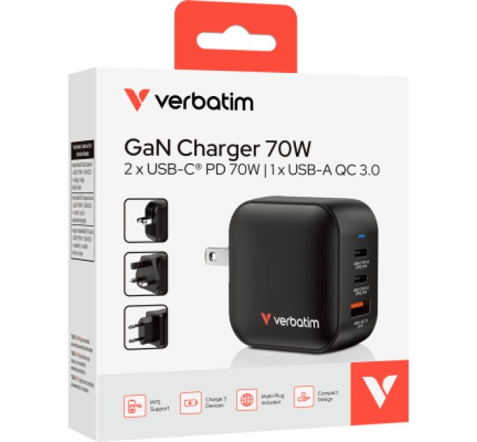 Verbatim Зарядний пристрій Verbatim MiniGaN 70 W 3 ports (2xUSB-C/1xUSB-A) (32229)
