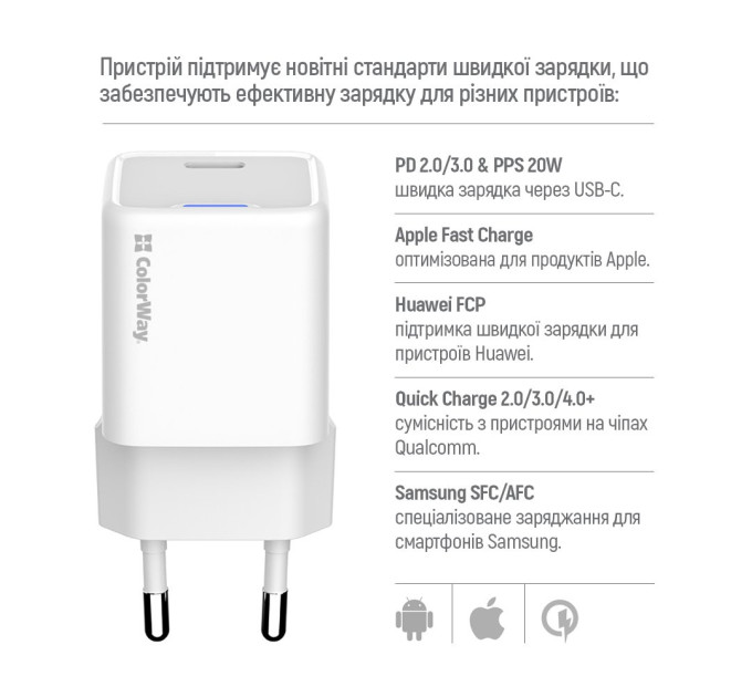 ColorWay Мережевий зарядний пристрій ColorWay GaN Mini 20W PD Port PPS USB-C White (CW-CHS059PD-WT)