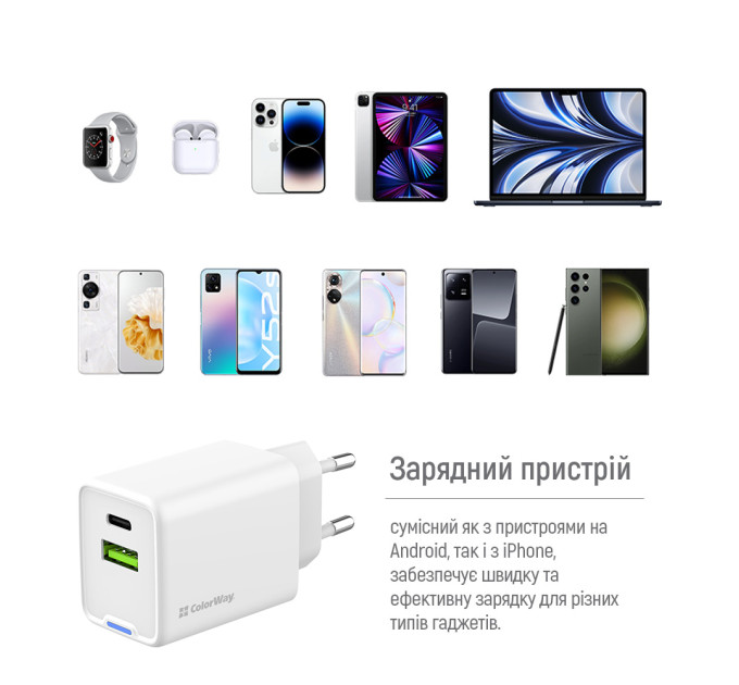 ColorWay Мережевий зарядний пристрій ColorWay GaN Mini 45W PD Port PPS USB (Type-C PD + USB QC4.0) White (CW-CHS060PD-WT)