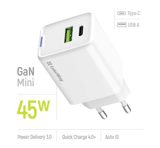 ColorWay Мережевий зарядний пристрій ColorWay GaN Mini 45W PD Port PPS USB (Type-C PD + USB QC4.0) White (CW-CHS060PD-WT)