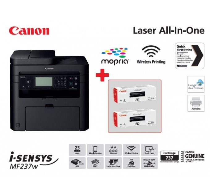 Canon Багатофункційний пристрій А4 ч/б Canon i-SENSYS MF237w з Wi-Fi (1418C170AA) + 2 картриджа Canon 737