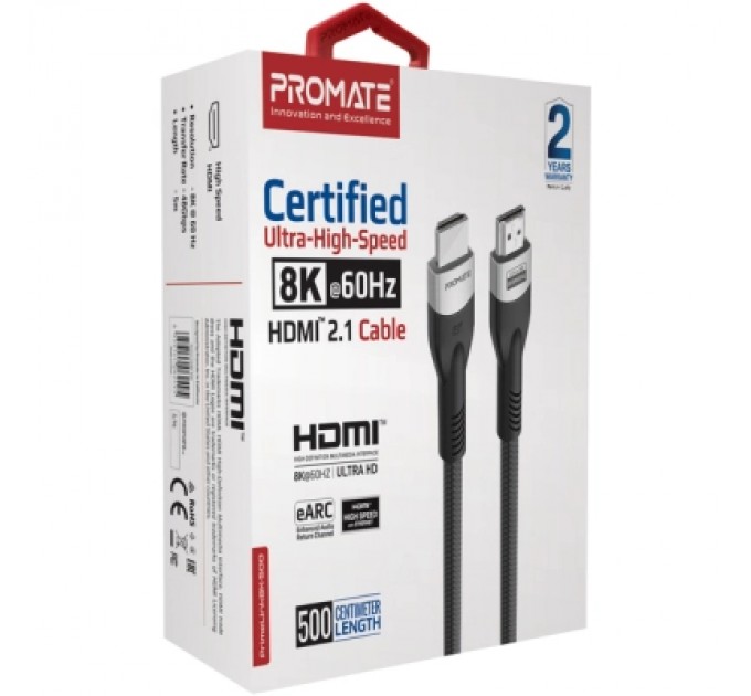 Promate Кабель мультимедійний HDMI to HDMI 5.0m v2.1 grey Promate (primelink8k-500.grey)