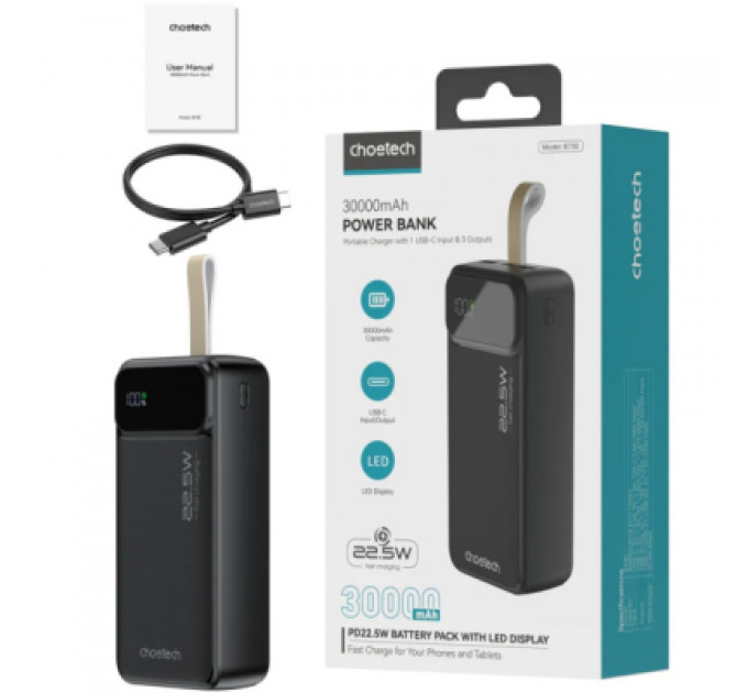 Choetech Батарея універсальна Choetech 30000mAh 22,5W, PD, QC/3.0, USB-C In/out, 2*USB-A (B730-ACBK)
