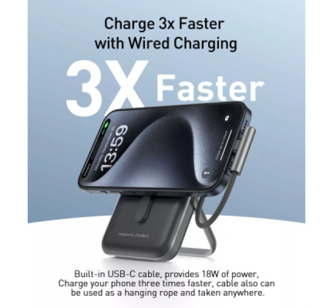 Choetech Батарея універсальна Choetech Magnetic Wireless 10000mAh 20W, PD, Qi-15W, USB-C In/Out, build-in cabel, Black (B735-CCBK)
