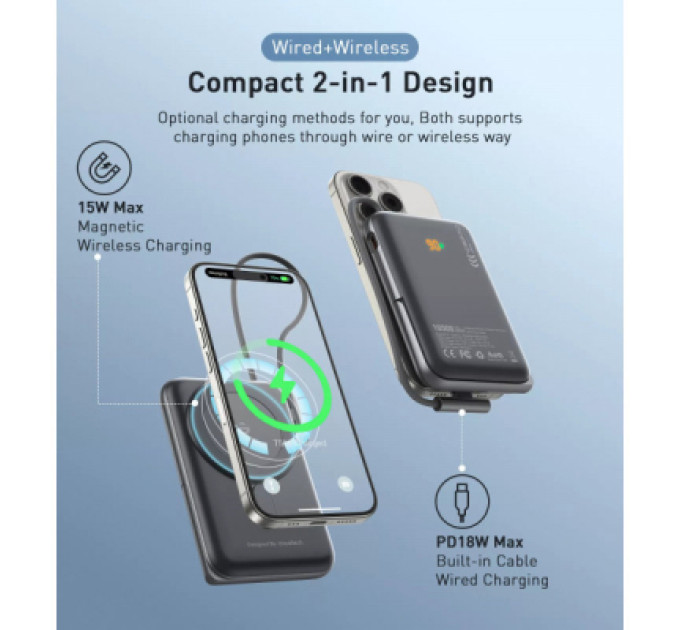 Choetech Батарея універсальна Choetech Magnetic Wireless 10000mAh 20W, PD, Qi-15W, USB-C In/Out, build-in cabel, Black (B735-CCBK)