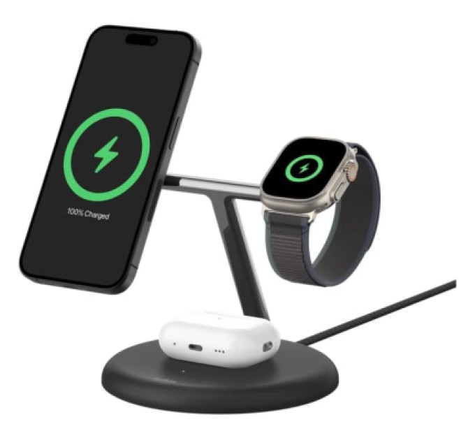 Belkin Зарядний пристрій Belkin 3in1 Magnetic Adjustable Pad Qi2 15W Black (WIZ023VFBK)