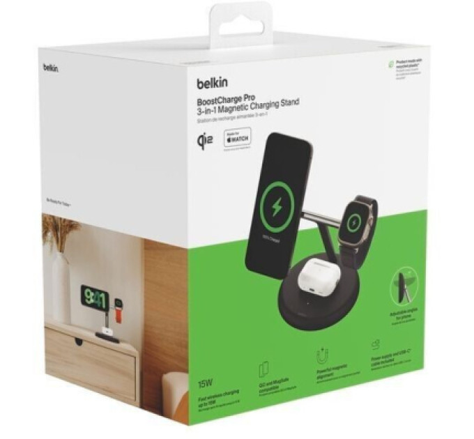 Belkin Зарядний пристрій Belkin 3in1 Magnetic Adjustable Pad Qi2 15W Black (WIZ023VFBK)