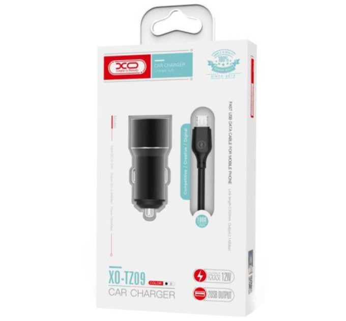 XO Автомобільний зарядний пристрій XO TZ09 (2USB, 2.4A) Black (6920680873500) + кабель USB Type-C