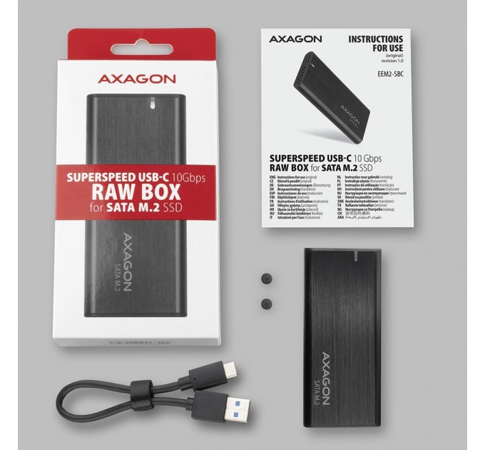 AXAGON Зовнішній металевий корпус USB-C 3.2 Gen 2 для SSD-дисків M.2 SATA. Безгвинтове кріплення AXAGON