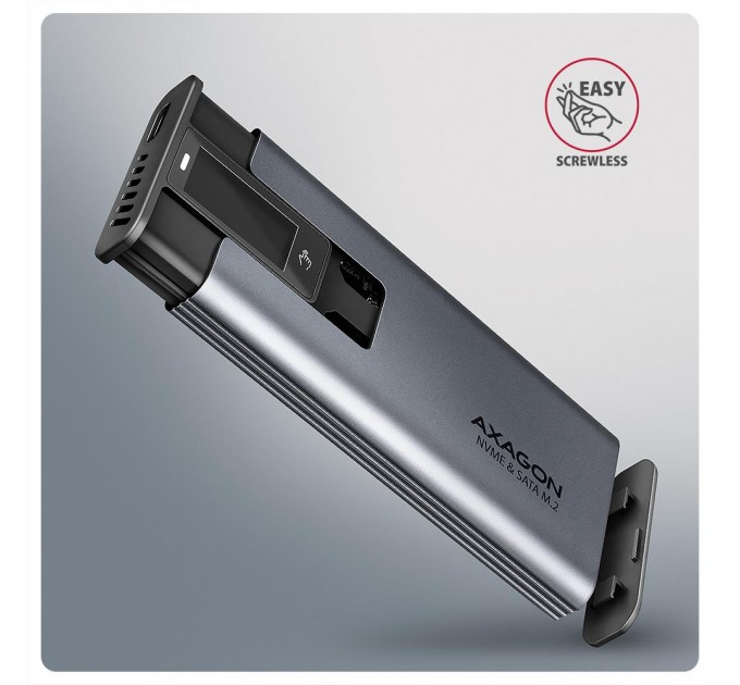 AXAGON Зовнішній металевий корпус USB-C 10 Гбит/с з інфо дисплеєм для твердотілих накопичувачів M.2 NVMe и SATA AXAGON