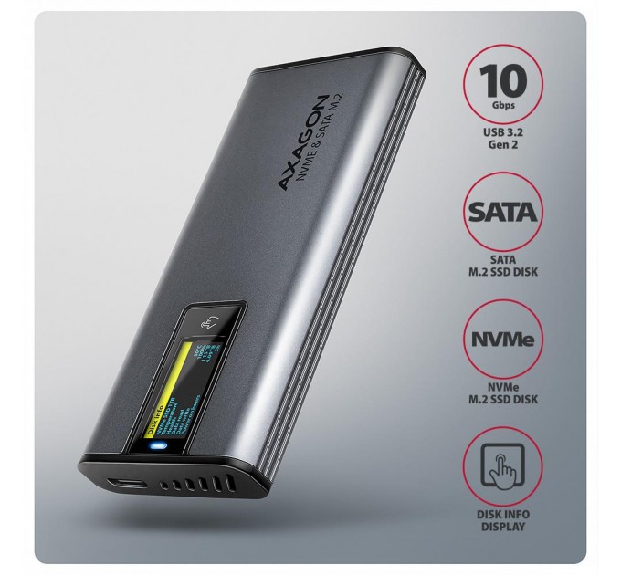 AXAGON Зовнішній металевий корпус USB-C 10 Гбит/с з інфо дисплеєм для твердотілих накопичувачів M.2 NVMe и SATA AXAGON