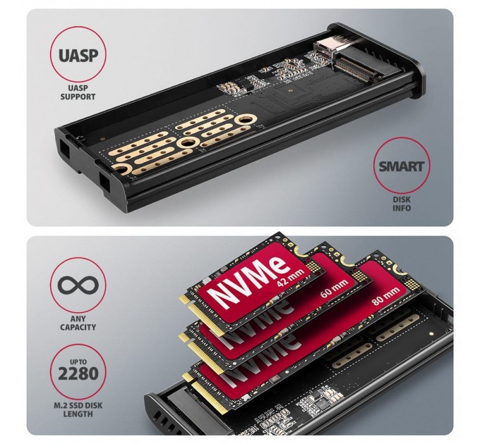 AXAGON Зовнішній металевий корпус USB-C 10 Гбит/с з інфо дисплеєм для твердотілих накопичувачів M.2 NVMe и SATA AXAGON