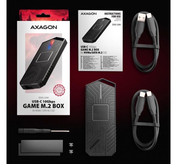 AXAGON Зовнішній металевий корпус USB-C 10 Гбит/с для M.2 NVMe и SATA SSD-дисків. Безгвинтове кріплення AXAGON