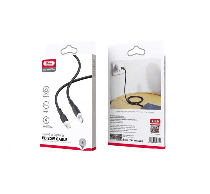 XO Кабель XO NB208A USB Type-C - Lightning, (M/M), 20W 1 м Black (6920680826810)