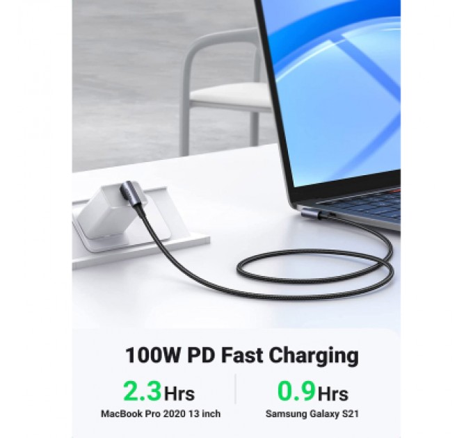 Ugreen Дата кабель USB-C to USB-C 1.0m 100W (20V/5A) 90° corner braided black Ugreen (70696)