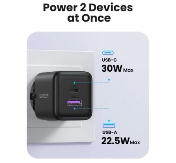Ugreen Зарядний пристрій Ugreen USB + USB-C GaN 30W X516 black (65014)