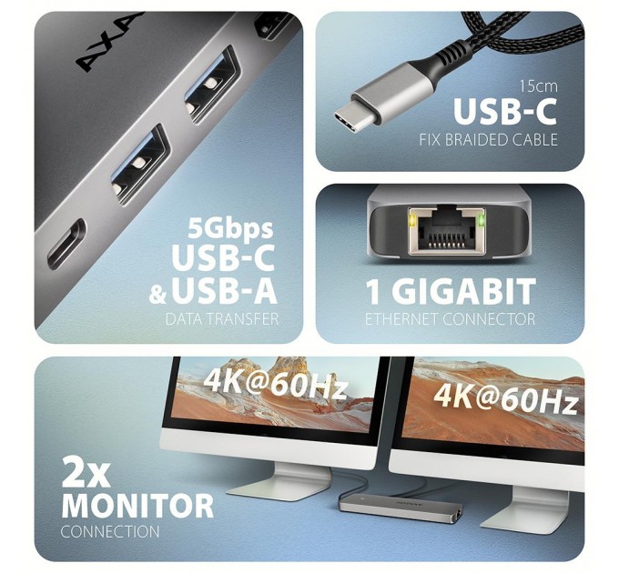 AXAGON Хаб концентратор AXAGON HMC-7HX2 USB-C 5Gbps DUAL 4K DISPLAY 7in1 hub, Grey