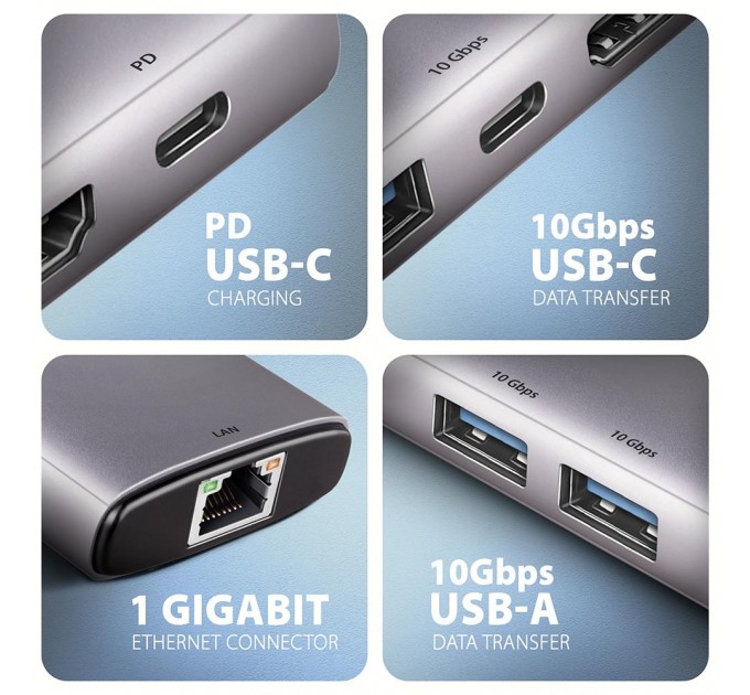 AXAGON Хаб концентратор AXAGON HMC-6G2L USB-C 10Gbps 6in1 hub, Grey