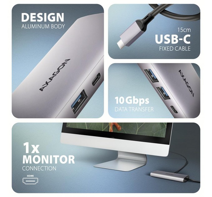 AXAGON Хаб концентратор AXAGON HMC-6G2L USB-C 10Gbps 6in1 hub, Grey