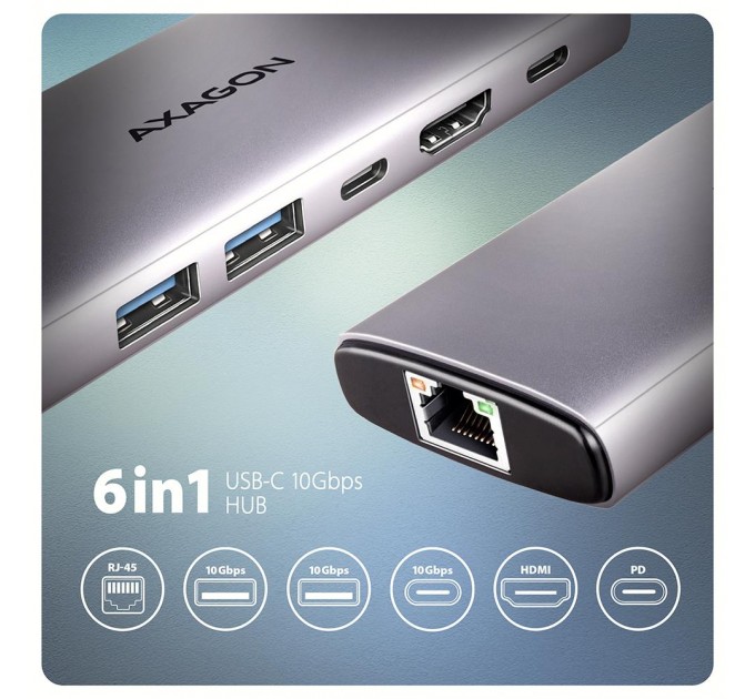 AXAGON Хаб концентратор AXAGON HMC-6G2L USB-C 10Gbps 6in1 hub, Grey