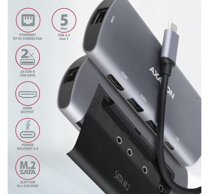 AXAGON Хаб концентратор AXAGON HMC-6M2 SuperSpeed USB-C COMBO 6in1 hub, Grey