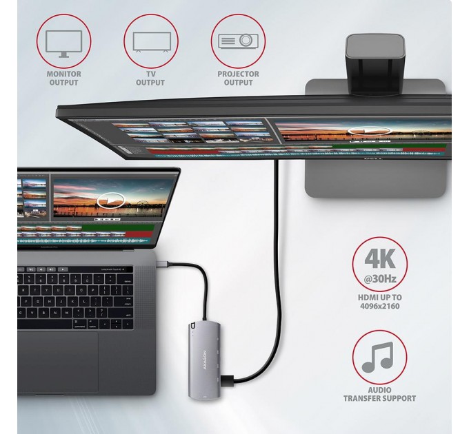 AXAGON Хаб концентратор AXAGON HMC-6M2 SuperSpeed USB-C COMBO 6in1 hub, Grey