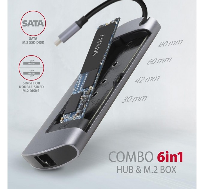 AXAGON Хаб концентратор AXAGON HMC-6M2 SuperSpeed USB-C COMBO 6in1 hub, Grey