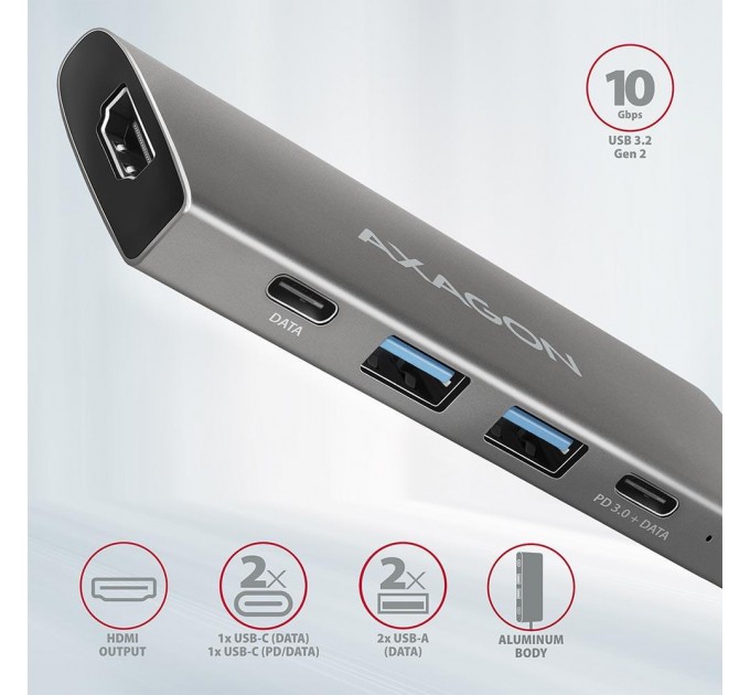 AXAGON Хаб концентратор AXAGON HMC-5G2 USB-C 10Gbps SPEEDSTER 5in1 hub (rev2.0), Grey