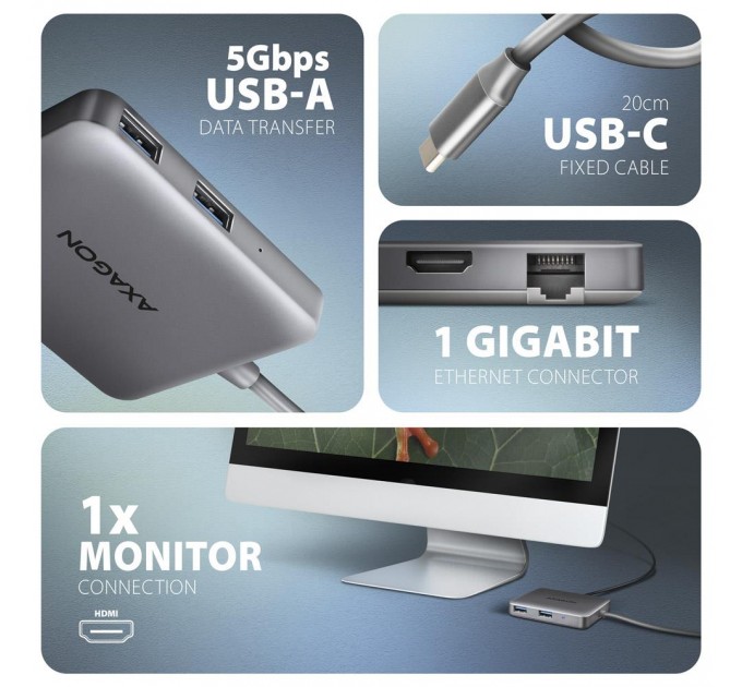 AXAGON Хаб концентратор AXAGON HMC-5HL USB-C 5Gbps SuperSpeed 5in1 hub, Grey