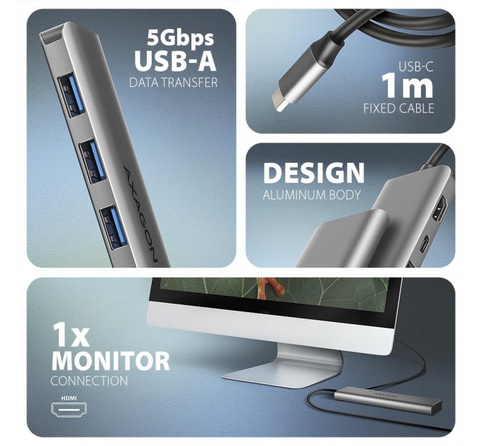 AXAGON Хаб концентратор AXAGON HMC-5H USB-C 5Gbps 5in1 hub, Grey
