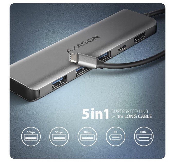 AXAGON Хаб концентратор AXAGON HMC-5H USB-C 5Gbps 5in1 hub, Grey