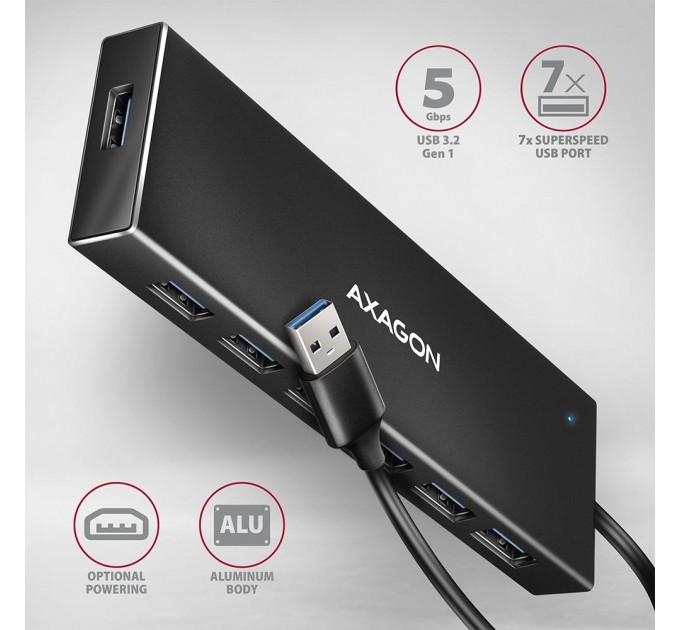 AXAGON Хаб AXAGON HUE-F7A SuperSpeed USB-A FLAT hub, 1m USB-A cable, Black