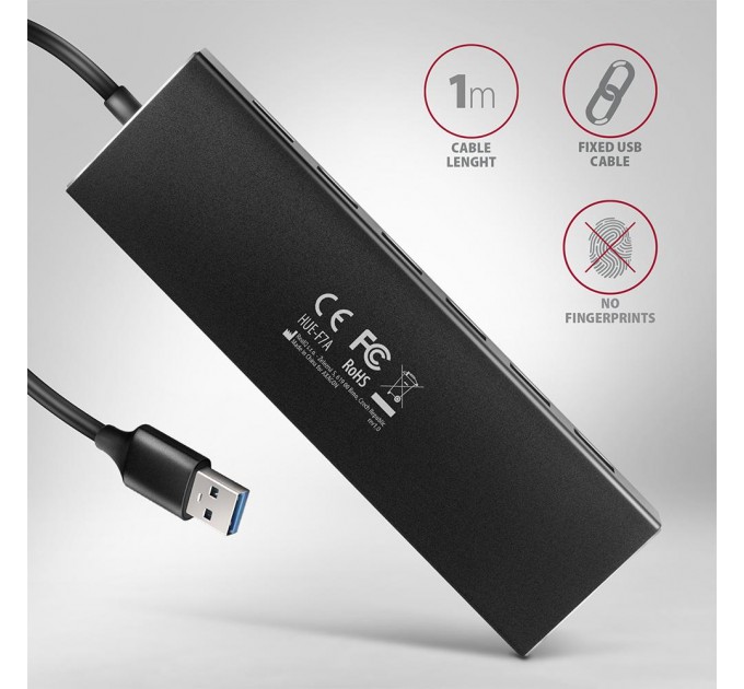 AXAGON Хаб AXAGON HUE-F7A SuperSpeed USB-A FLAT hub, 1m USB-A cable, Black