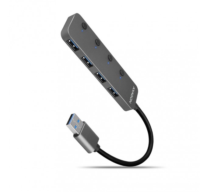 AXAGON Хаб AXAGON HUE-MSA SuperSpeed USB-A SWITCH hub w. CHARGING function, 20cm USB-A cable, Silver