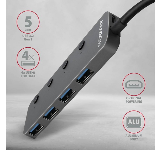AXAGON Хаб AXAGON HUE-MSA SuperSpeed USB-A SWITCH hub w. CHARGING function, 20cm USB-A cable, Silver