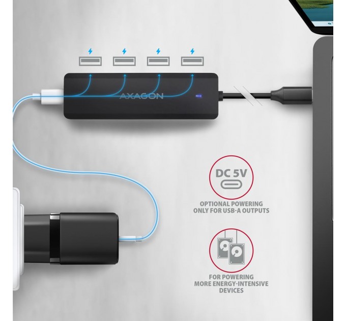 AXAGON Хаб AXAGON HUE-C1C USB-C 5Gbps TRAVEL hub, 20cm Type-C cable, Black