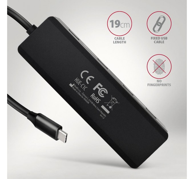 AXAGON Хаб AXAGON HUE-C1C USB-C 5Gbps TRAVEL hub, 20cm Type-C cable, Black