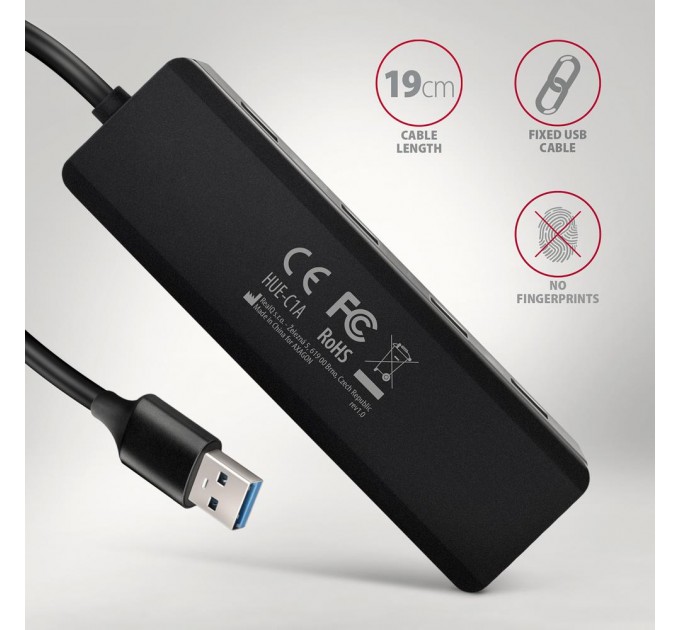 AXAGON Хаб AXAGON HUE-C1A USB-A 5Gbps TRAVEL hub,  20cm Type-A cable, Black