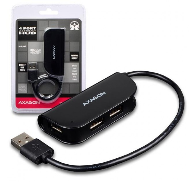 AXAGON Хаб AXAGON HUE-X4B USB READY hub, 20 cm USB-A cable, Black