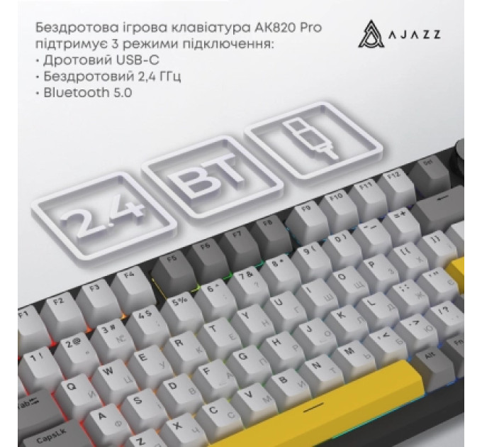 Ajazz Клавіатура Ajazz AK820 Pro Flying Fish Switch Purple RGB USB/Wireless/Bluetooth UA Purple (AK820PRO-FF-PWB)
