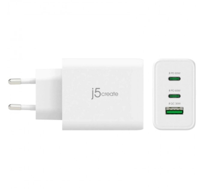 J5create Зарядний пристрій J5create 1xUSB + 2xUSB-C 65W GaN QC3.0/PD/PPS (JUP3365E-EN)