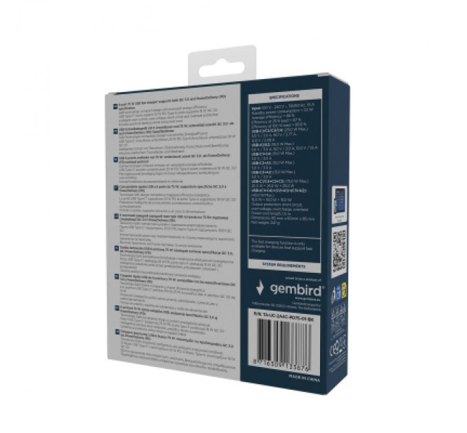 Gembird Зарядний пристрій Gembird 4xUSB-C PD25W + 2xUSB QC3.0 18W black (TA-UC-2A4C-PD75-01-BK)