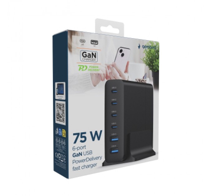 Gembird Зарядний пристрій Gembird 4xUSB-C PD25W + 2xUSB QC3.0 18W black (TA-UC-2A4C-PD75-01-BK)