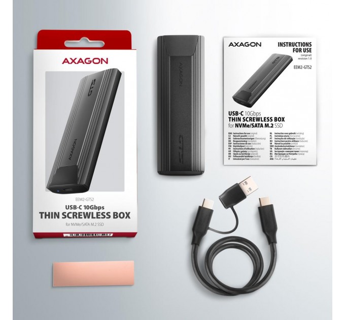 AXAGON Зовнішній карман для накопичувачів AXAGON EEM2-GTS2 USB-C 10Gbps - M.2 NVMe & SATA SSD THIN SCREWLESS box
