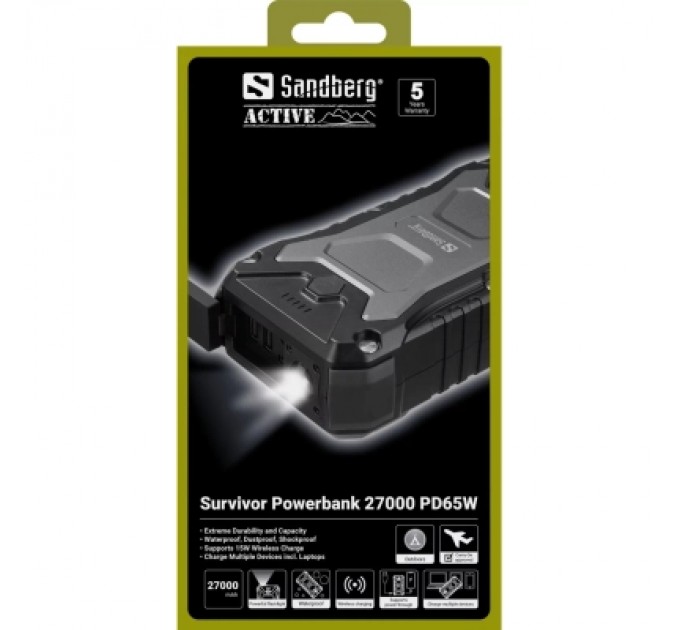 Sandberg Батарея універсальна Sandberg 27000mAh Survivor PD/65W, IP66, LED Torch, QC/3.0/18W, QI-15W, Pass-Through Charging (420-99)