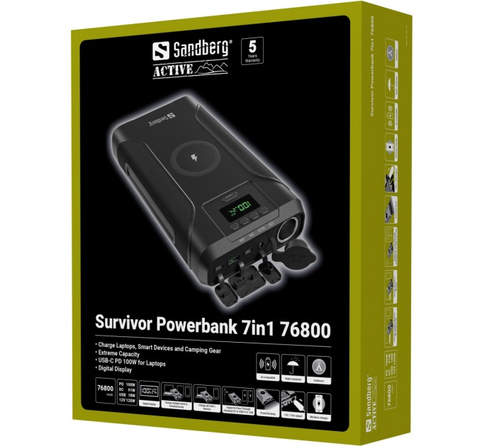 Sandberg Батарея універсальна Sandberg 76800mAh Survivor 7in1 DC/91W, PD/100W, Cigar Lighter/120W, QI-15W, power-through (421-15)