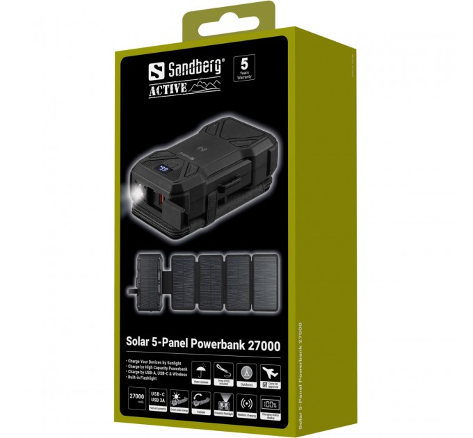 Sandberg Батарея універсальна Sandberg 27000mAh Solar 5-Panel 8W, PD/20W, IP54, Flashlight, wireless charging 15W (421-06)