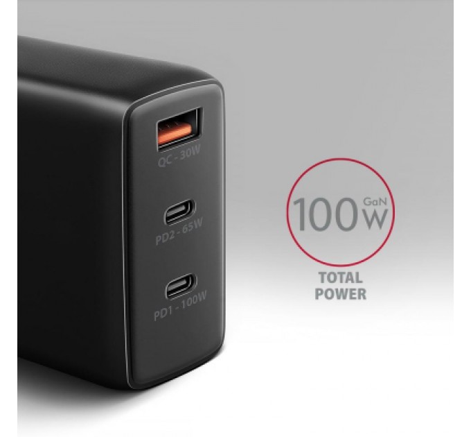 AXAGON Зарядний пристрій AXAGON 1xUSB + 2xUSB-C 100W QC4+ PD3.0 PPS black (ACU-DPQ100)